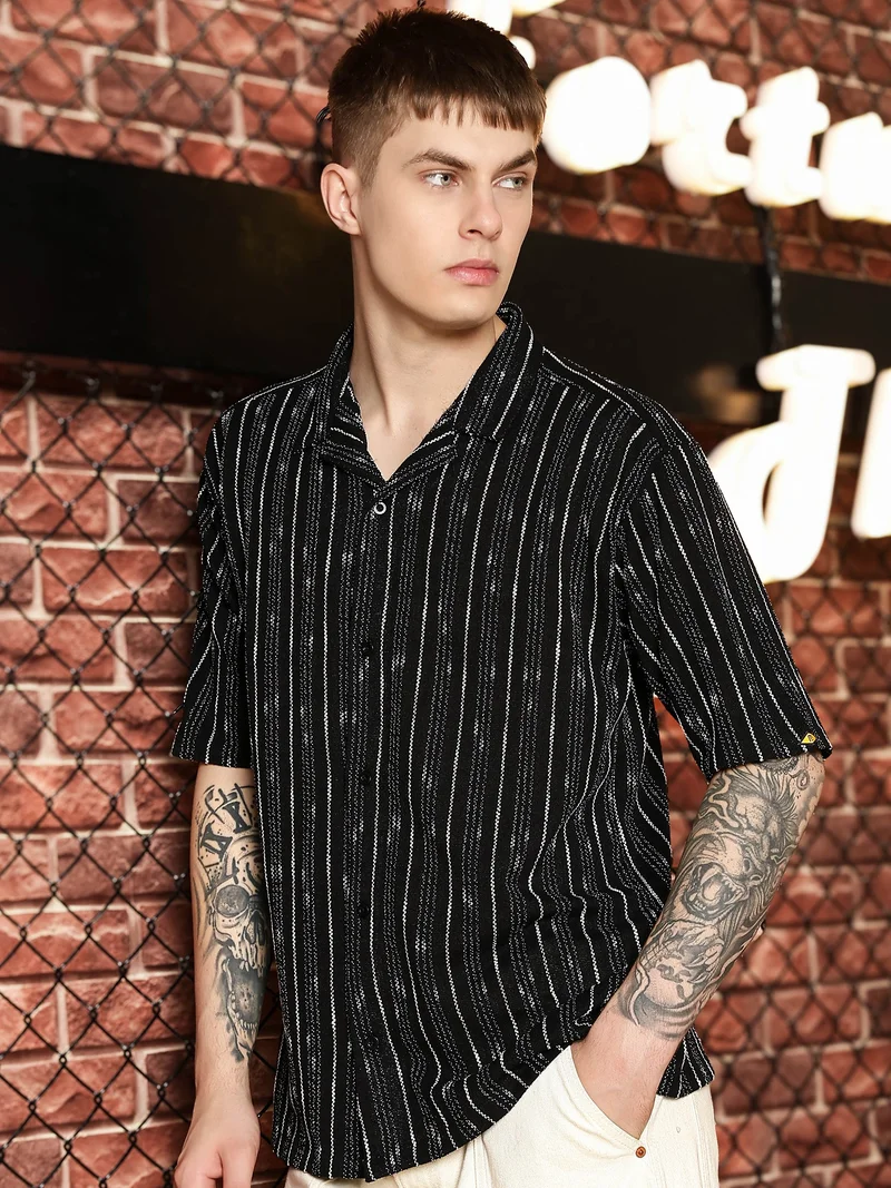 Maniac  Maniac Mens Textured Lines Collared Neck Full Sleeve Black & White Cotton Shirt for Men | Best Price UAE